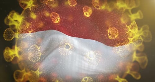 Bandera de Indonesia con el microbio del coronavirus centrado en 4K