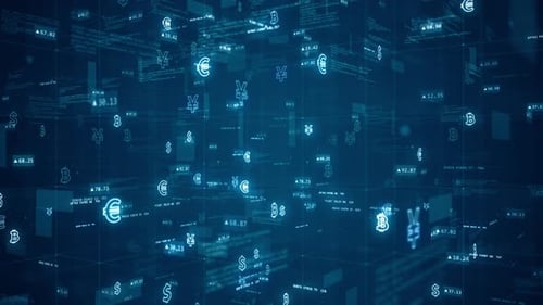 Blue digital cyberspace and money icon on futuristic technology abstract background camera zoom in