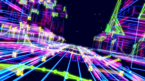 Abstract Colorful Glowing Wireframe City Fly Thru