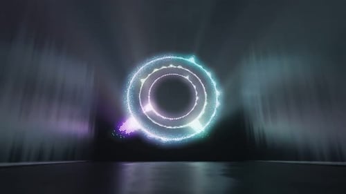 Circular audio equalizer. Music control levels wave. Multicolored neon lights.