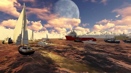 Animated Surreal Seascape with Ships, Ocean, and Giant Moon