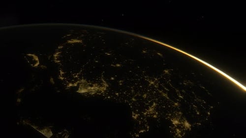 Spaceship Flies Over the Night Side of the Planet Earth