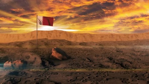 Waving Qatar Flag on Moon Surface with Dramatic Celestial Sky