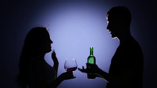 Couples Dancing and Drinking at Evening Party. Back Light