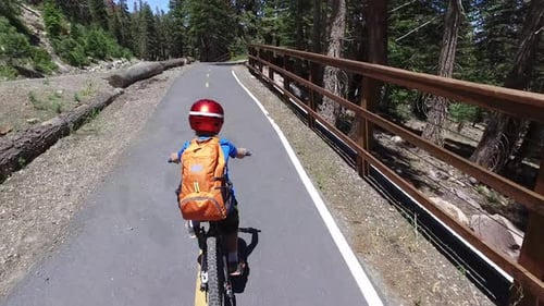 A boy rides his mountain bike on a paved trail in the woods.