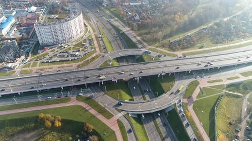 Road Junction in the European Metropolis, Aerial Drone Shooting