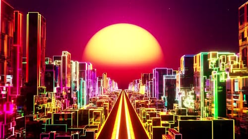 Flying over the neon city at sunset. Infinitely looped animation