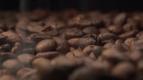 Close Up of Roasted Coffee Beans with Steam