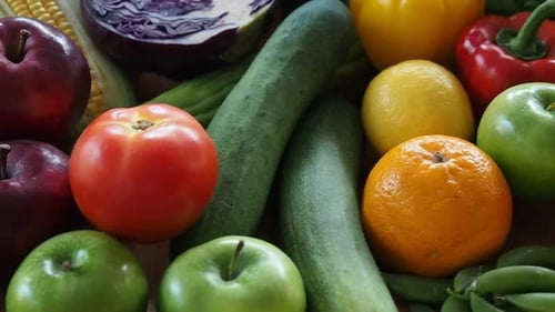 Close up of fruits and vegetables. Tracking shot with tilt up. Full HD 1080p.