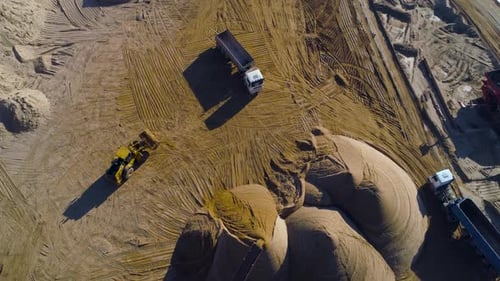 Sand Quarry Aerial View, Trucks and Loaders