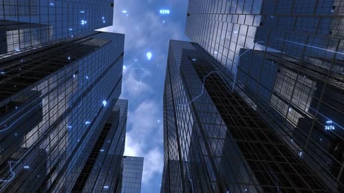 business towers, camera animation among high-rise buildings with blue reflective sky.