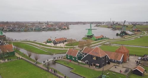Aerial: Zaanse Schans village, Netherlands