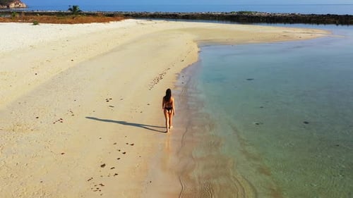 Sexy beauty models on holiday by the sea on beach on clean white sand and blue background 4K