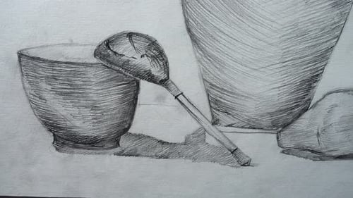 Pencil Drawing of Bowl, Ladle and Vase Still Life