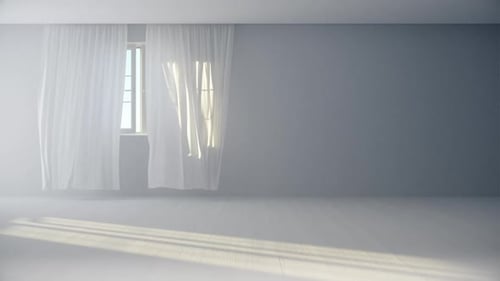 White Curtains Billowing in Sunlight through Window