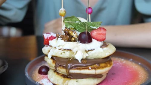 Delicious Pancakes Drizzled with Syrup, Sweet Dessert Treat