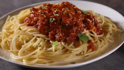 Plate of Spaghetti with Tomato Sauce and Basil