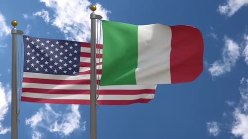American and Italian Flags Waving in Blue Sky