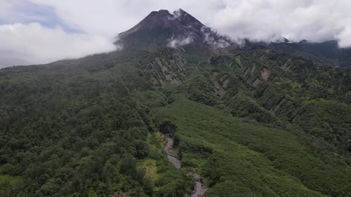 Aerial view of active Merapi mountain with clear sky in Indonesia