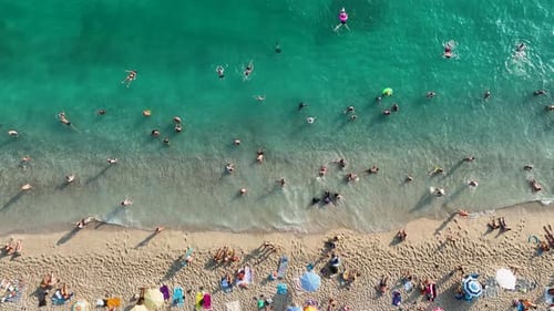 People swim in the azure sea aerial view 4 K Turkey Alanya
