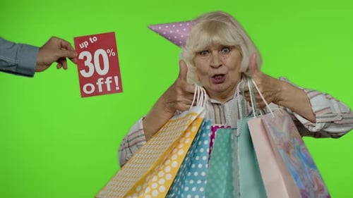 Inscription Up To 30 Percent Off Appears Next To Grandmother, Woman Celebrating with Shopping Bags