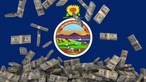 US Dollars falling in front of Kansas State Flag