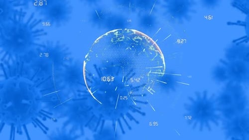 Globe and Covid-19 cells moving against blue background