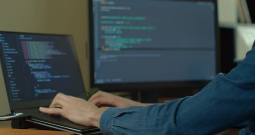 Closeup Coding on Screen, Man Hands Coding Html and Programming on Screen Monitors, Development Web