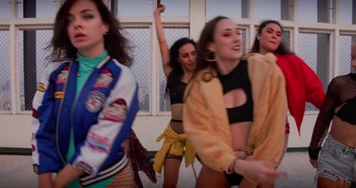 Stylish Young Women Dancing on Rooftop in City