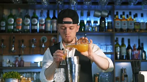 Young Adult Bartender Prepares Drinks at a Bar