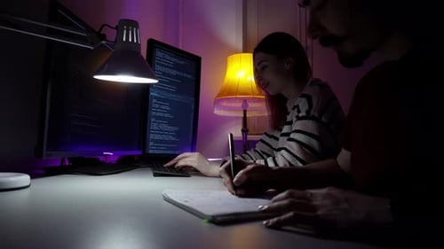 Zwei junge kaukasische Programmierer sitzen vor dem Computer und entwickeln neue Software