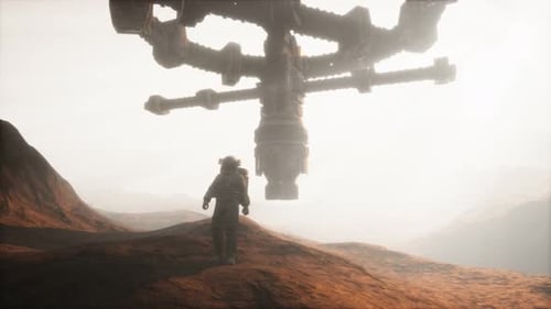 Astronaut Explores Alien Planet with Rotating Futuristic Space Station