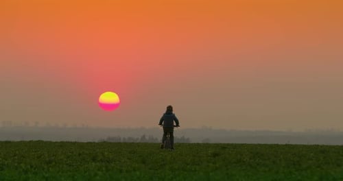 A Boy Is Riding a Bicycle on a Pathway at Sunset. Filming From the Back.