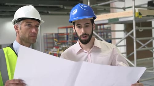 Architects Review Blueprints on Construction Site