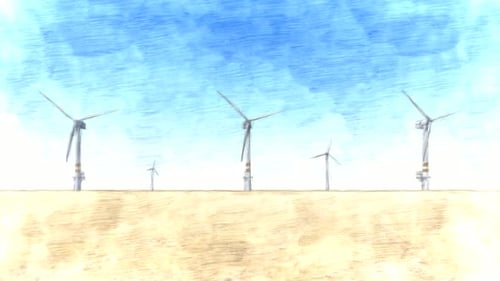 Animated Wind Turbines Watercolor Illustration Generating Clean Energy