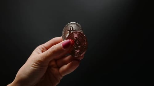 Adult Female Hand Holding Silver and Copper Bitcoin