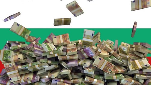 Falling Euro Banknotes on Bulgarian Flag Background