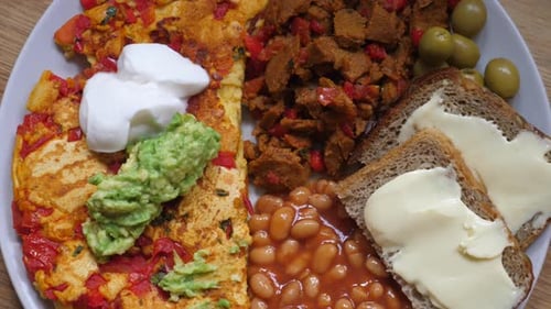 Top View of Homemade Full English Breakfast Served on White Plate. Healthy Balanced Diet Concept