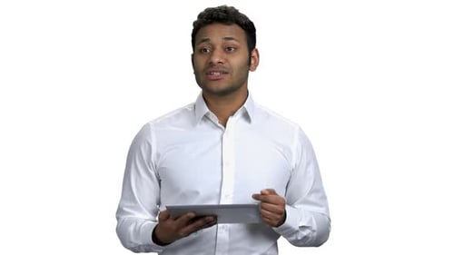 Man Talking with Tablet on White Background