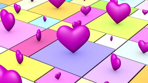 Bouncing Pink Hearts on Colorful Geometric Grid