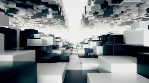 Túnel geométrico abstracto hecho de cubos blancos y negros con movimiento aleatorio. Bucle 3D sin costuras