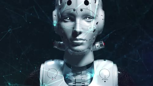 Futuristic AI Robot Face with Digital Network Overlay