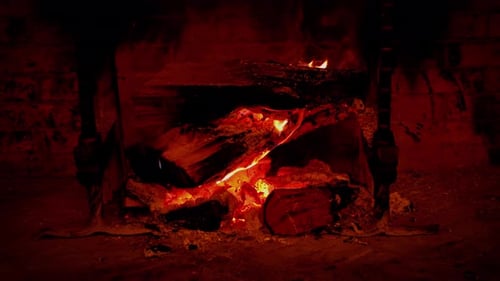 Crackling Fireplace with Burning Logs, Cozy Indoor Setting