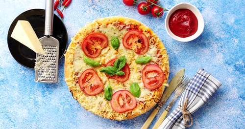 Delicious Italian Pizza Served on Blue Stone Table, Shot From Above