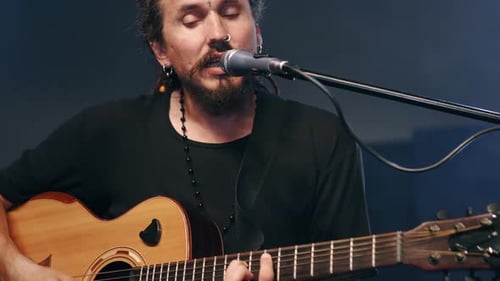 Musician Plays Acoustic Guitar and Sings On Stage