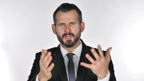 Angry Man Yelling Wearing Business Suit on White Background