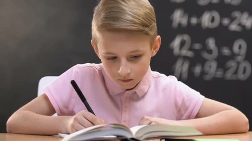 Studious Pupil Writing Test Work, School Lessons, Math Equation on Blackboard
