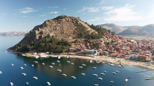 Copacabana City in Bolivia and Titicaca Lake Aerial View