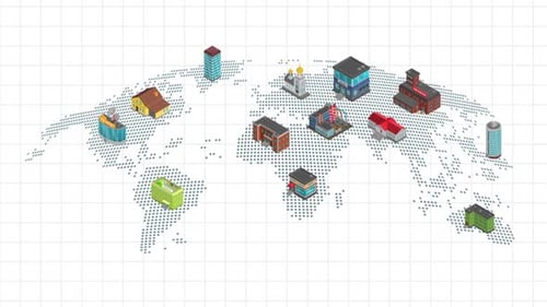 Mapa do mundo House Shop Factory Building Animação