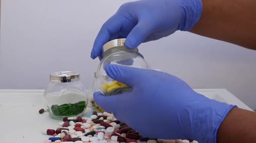 Gloved Hands Open Pill Jar near Assorted Medications